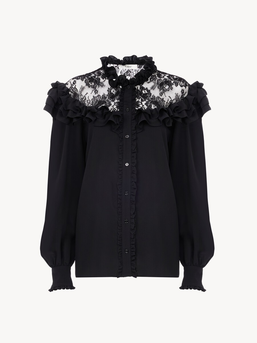 High-neck ruffled blouse in cr&ecirc;pe de chine & lace - 1