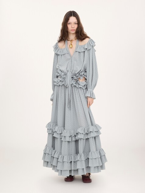 Cut-out long ruffled dress in silk jacquard