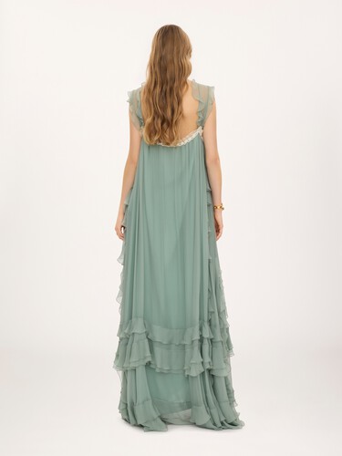 Sleeveless layered long dress in silk mousseline & lace - 5