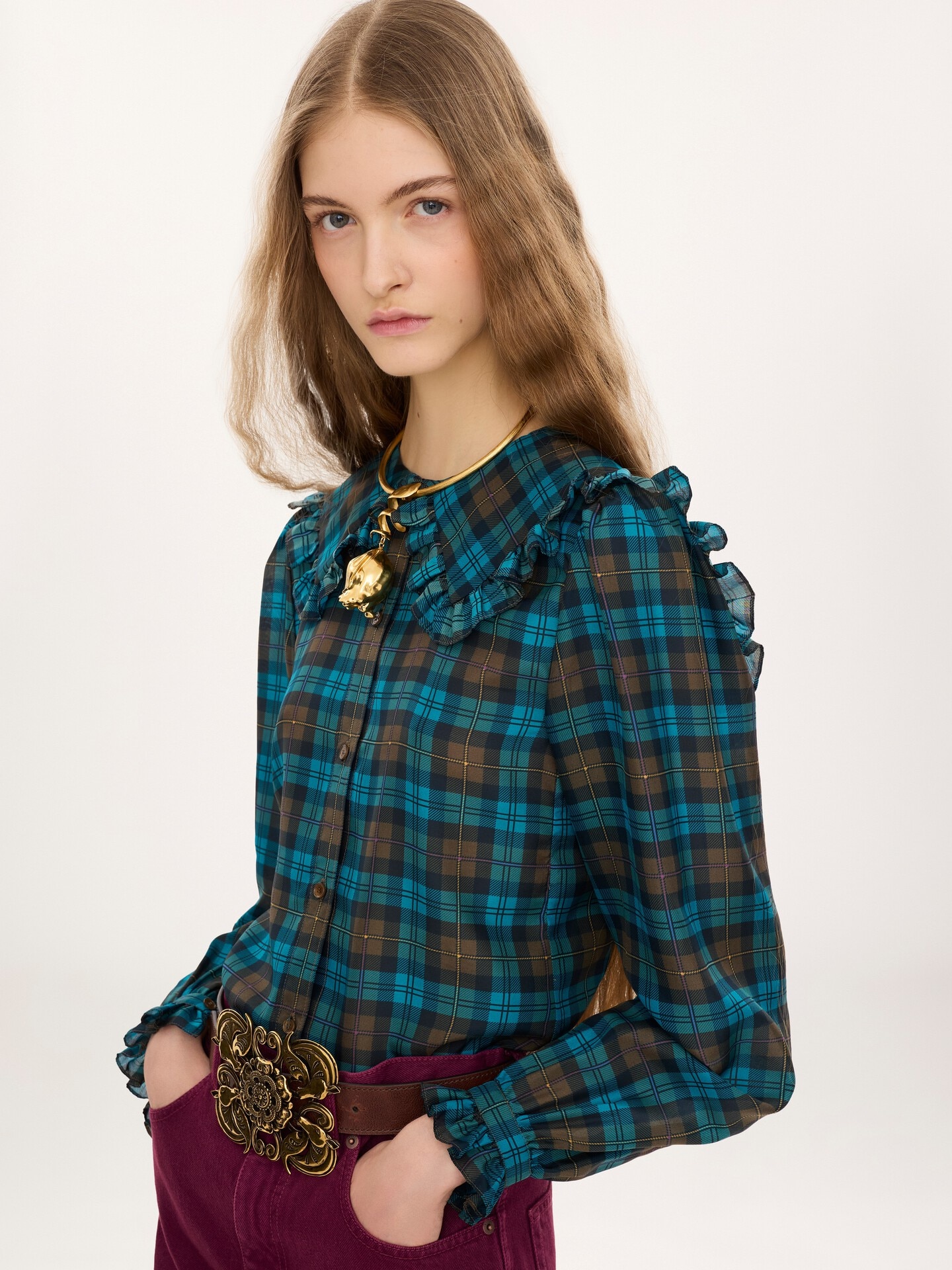 Ruffled lavalli&egrave;re blouse in check silk habotai - 3.0