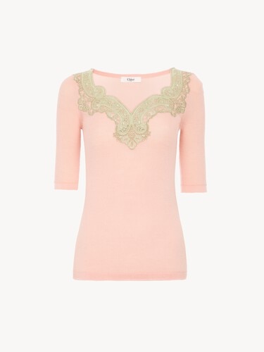 Elbow-sleeve fitted sweater in a wool knit & lace - 2