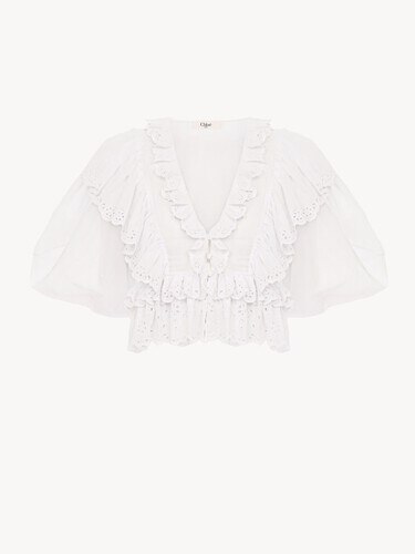 Cropped V-neck ruffle top in cotton voile - 2
