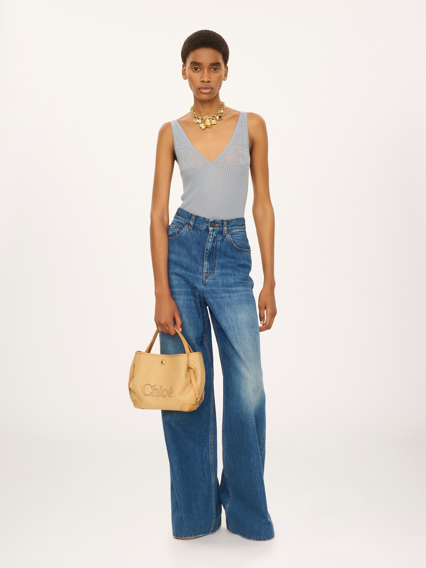 Small Chlo&eacute; Clover double carry bag in raffia-effect fibers - 7.0