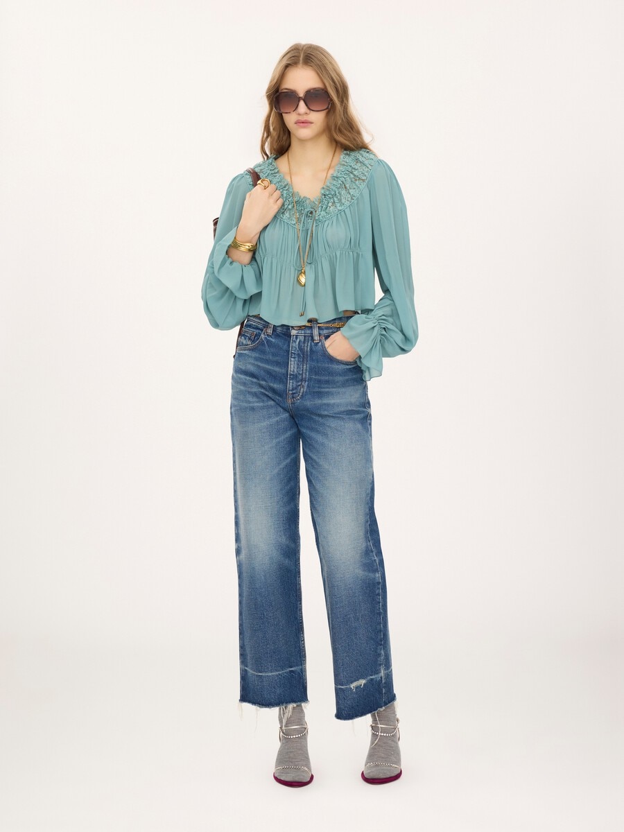 Top cropped de cuello redondo de georgette de seda y encaje - 3