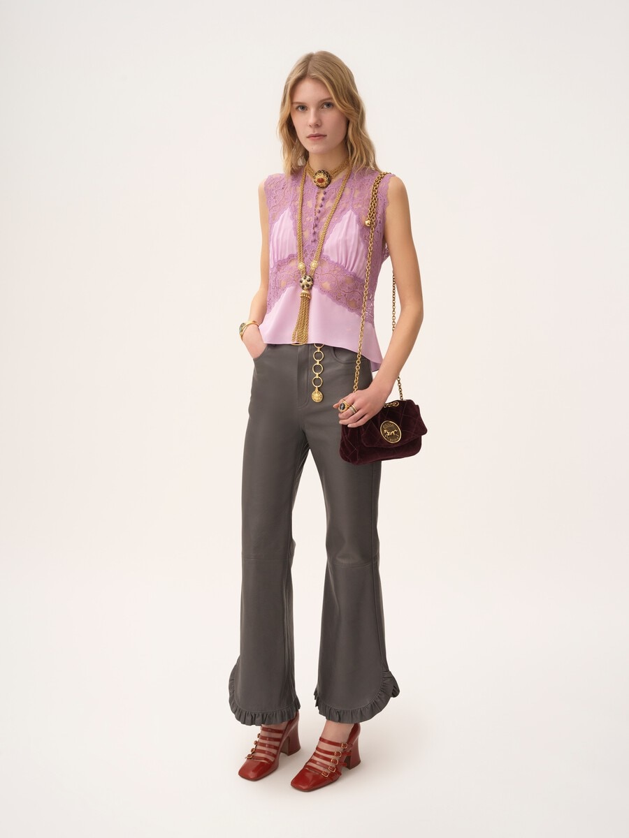 V-neck top in cr&ecirc;pe de chine & lace - 3