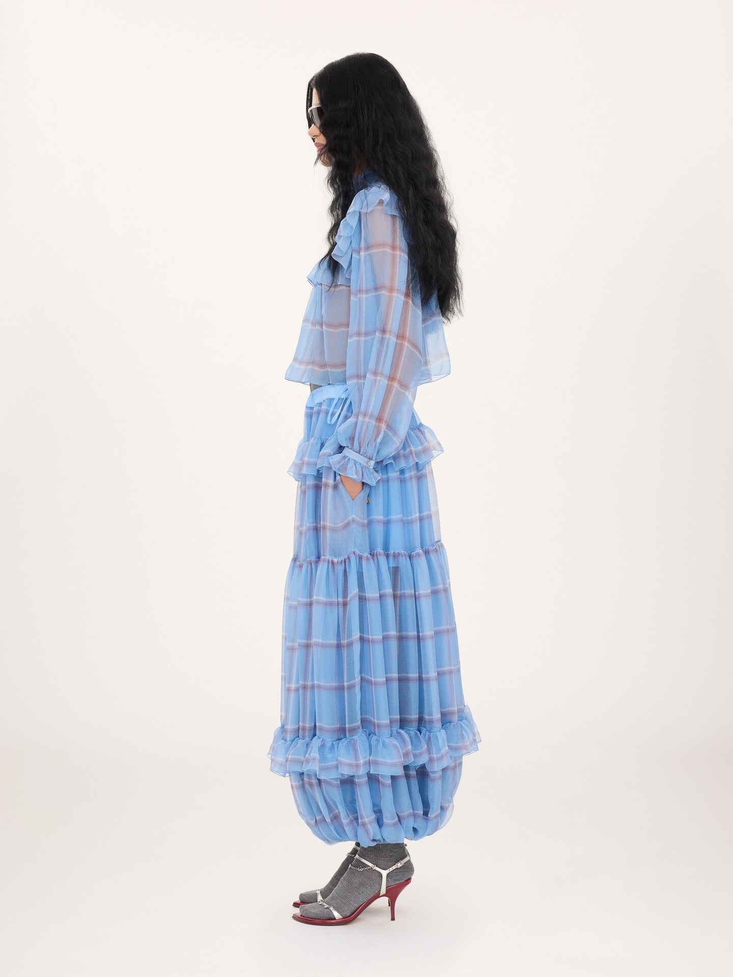 Fluid pleated pants in check silk mousseline - 6.0