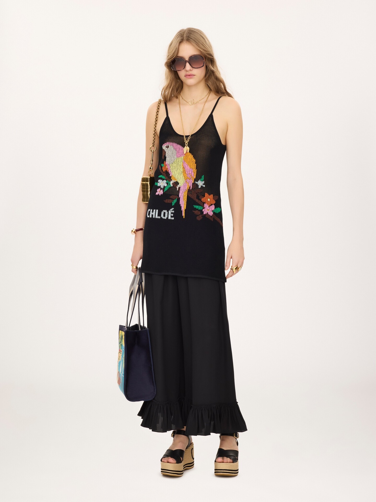 Thin-strap fitted logo mini dress in a cotton mesh knit - 1.0