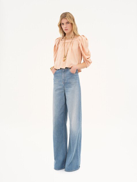Puff-sleeve pleated top in silk poplin