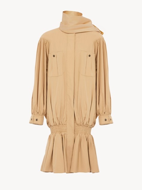 High-neck gathered trench coat in cotton poplin