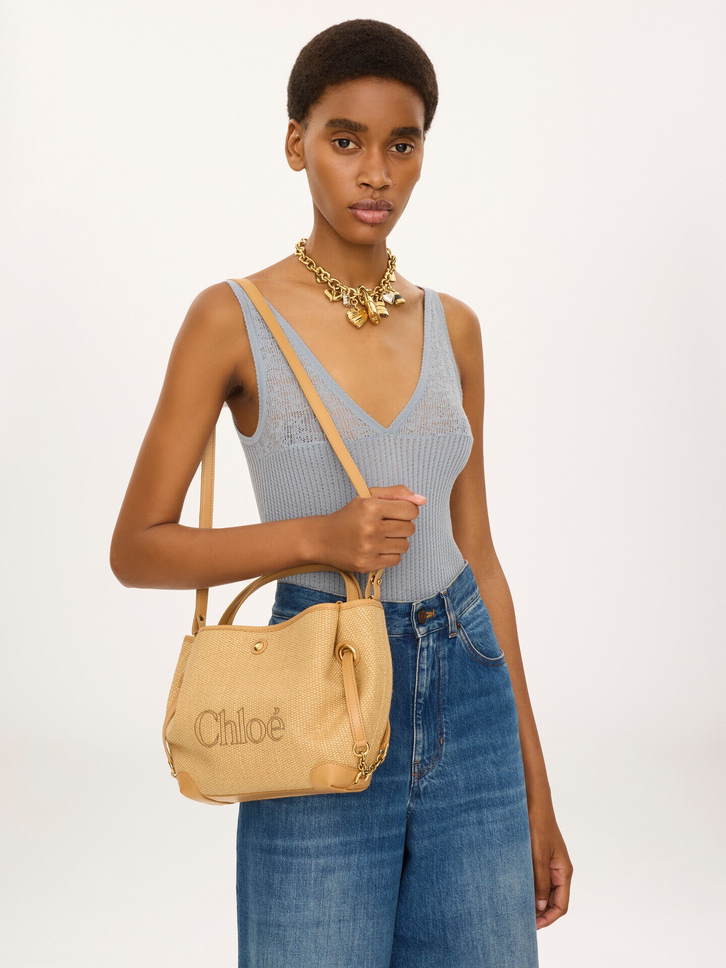 Small Chlo&eacute; Clover double carry bag in raffia-effect fibers - 2.0