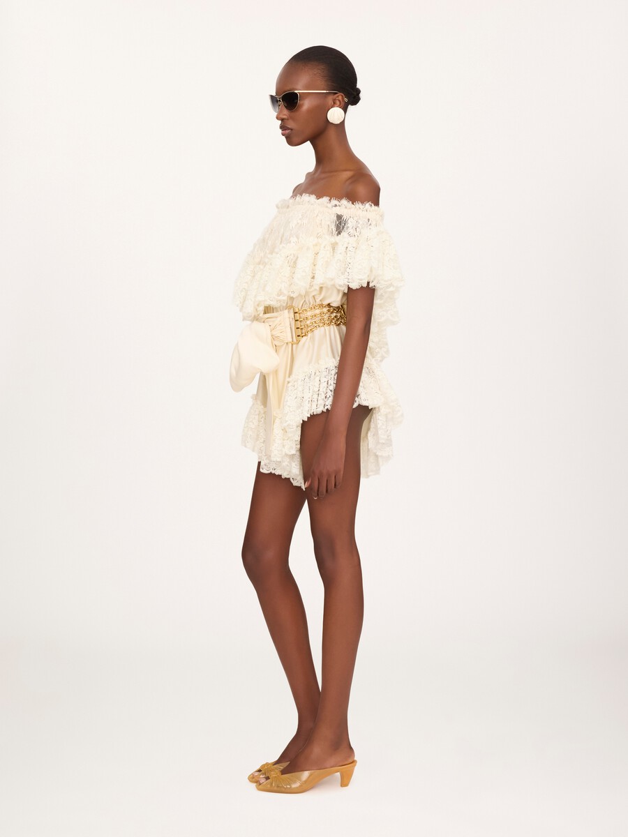 Off-the-shoulder mini jumpsuit in washed silk satin & lace - 5
