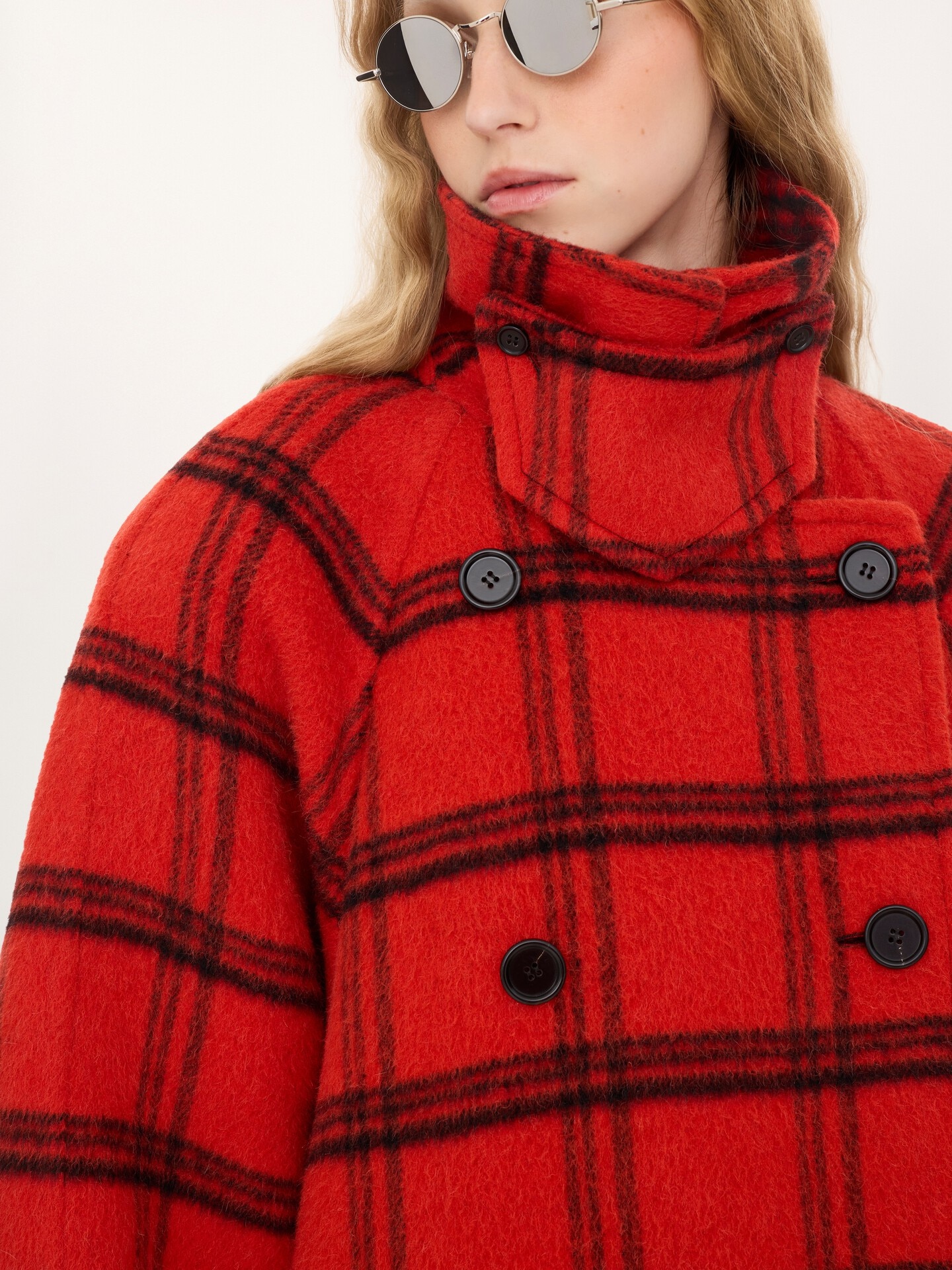 Double-breasted oversized long coat in check double-face wool & alpaca - 5.0