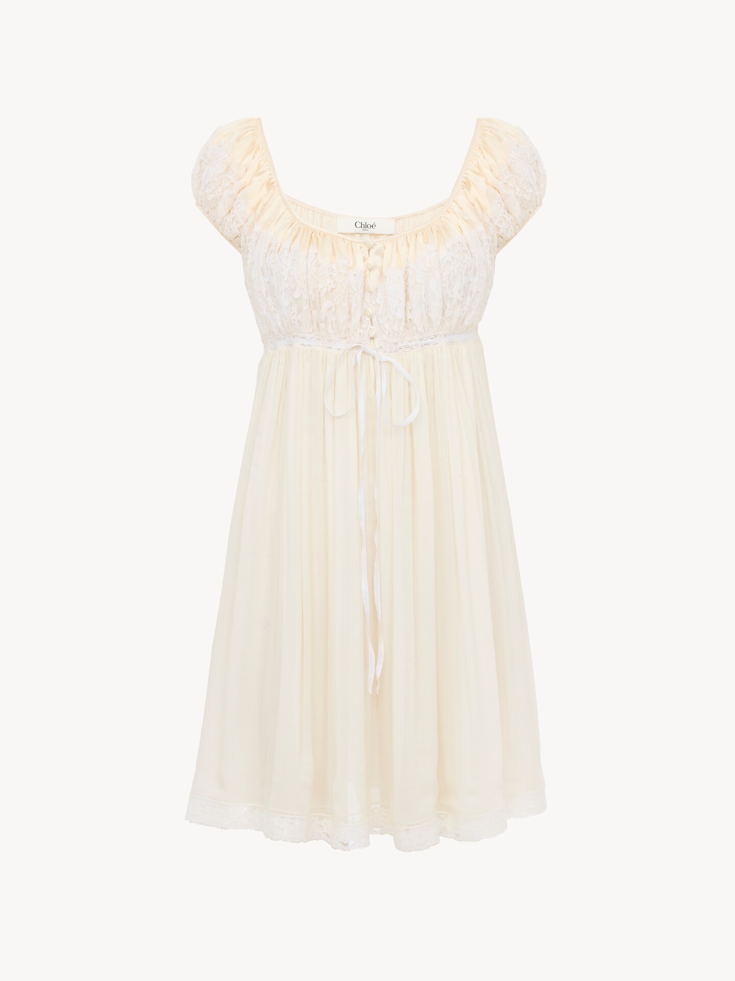 Short-sleeve mini dress in silk mousseline & lace - 2.0