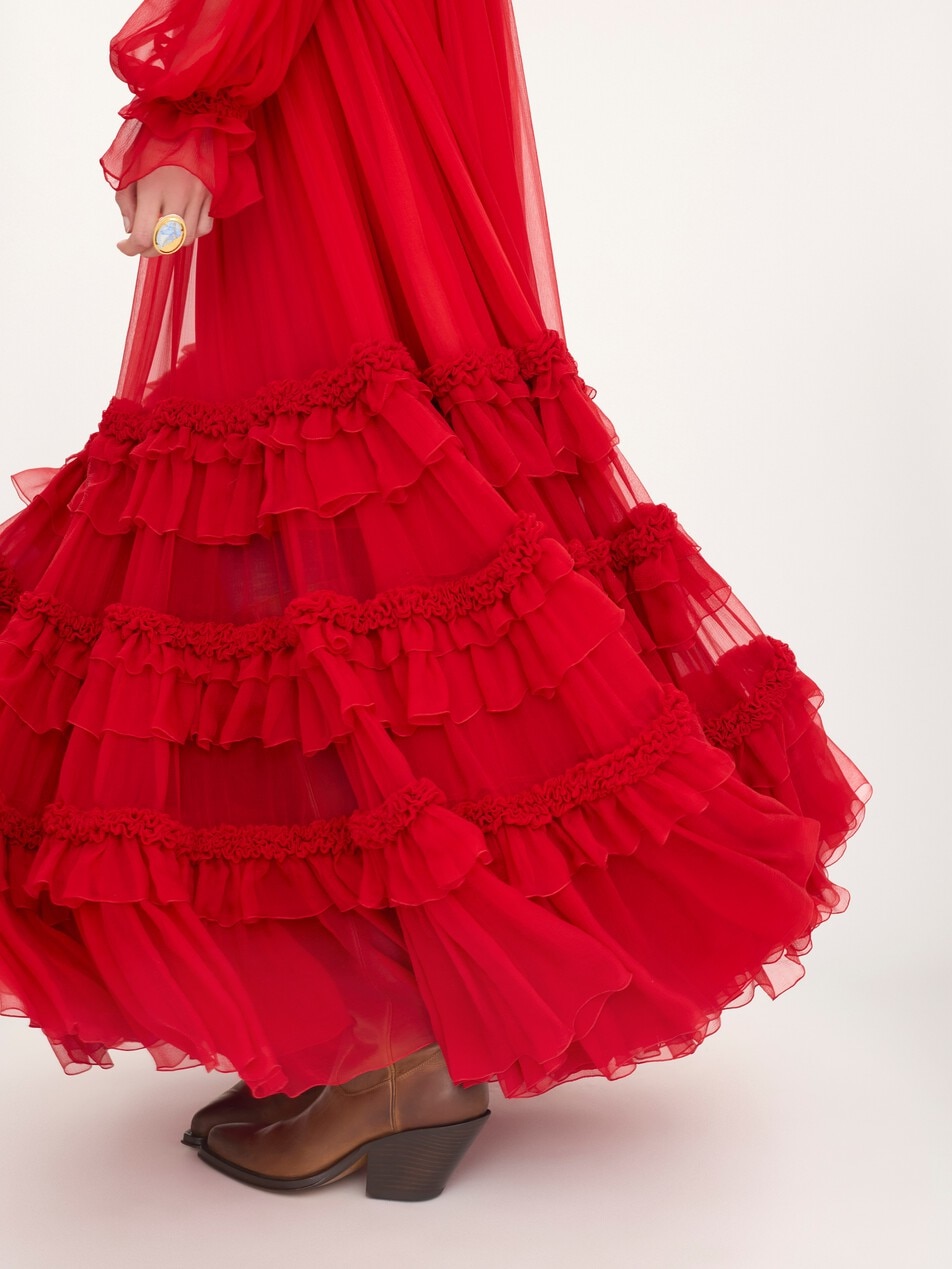 High-neck ruffled long dress in silk mousseline