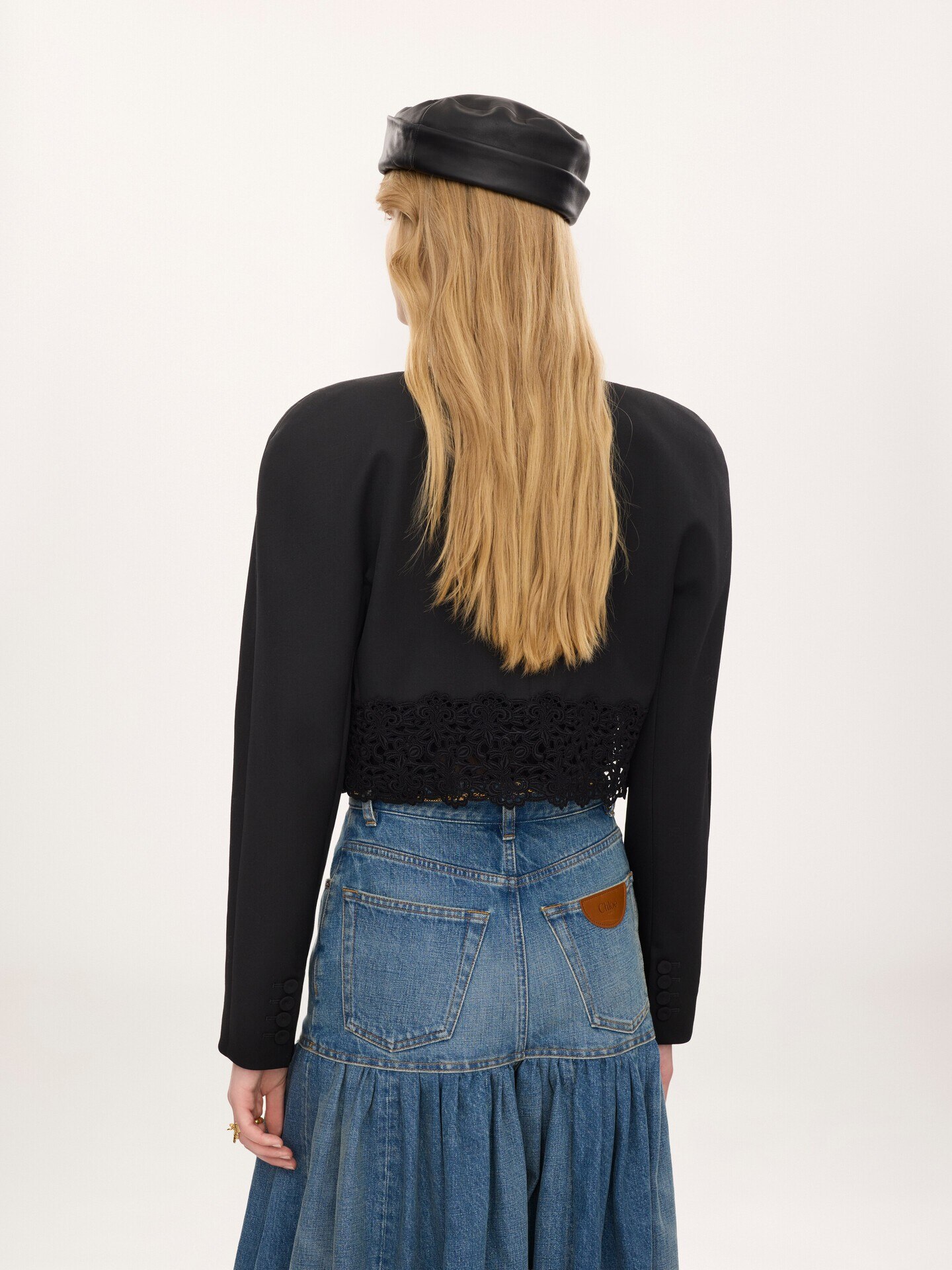 Collarless cropped jacket in wool grain de poudre & lace - 4.0