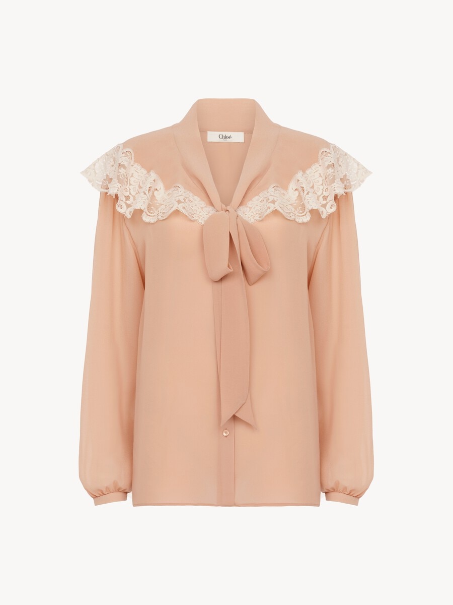 Tie-front gathered blouse in silk georgette & lace - 2