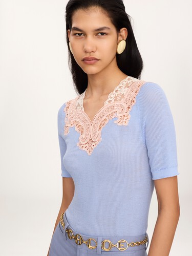 Elbow-sleeve fitted sweater in a wool knit & lace - 7