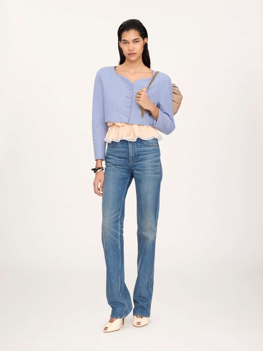 Cropped collarless jacket in linen cr&ecirc;pe - 1