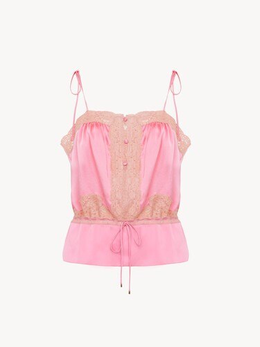 Drawstring camisole top in washed silk satin & lace - 2