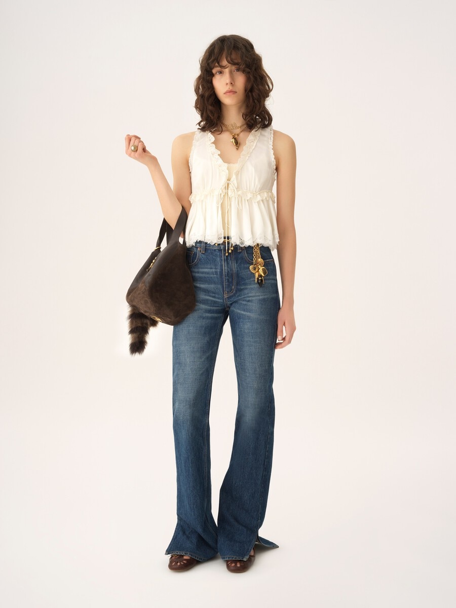 Tie-front sleeveless top in washed silk satin & lace - 1