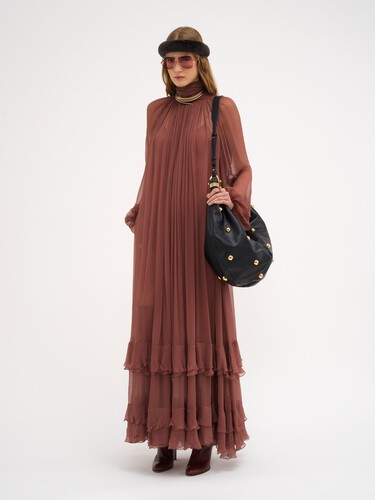 Gathered long dress in silk mousseline - 6