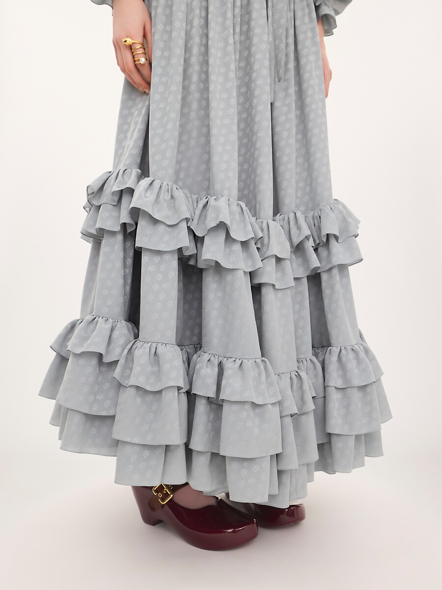 Cut-out long ruffled dress in silk jacquard - 6