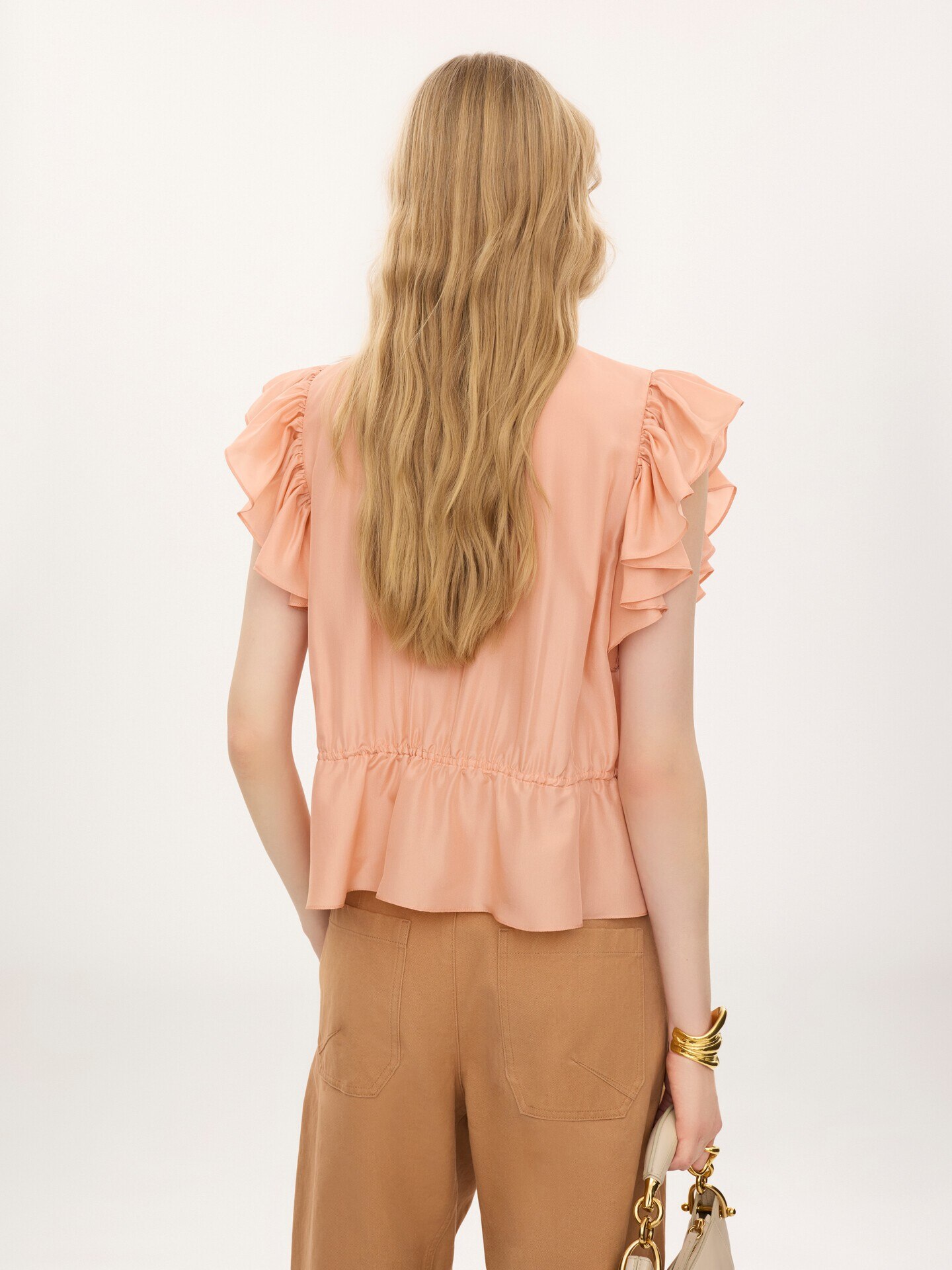 Short-sleeve ruffle top in washed silk habotai & lace - 5.0