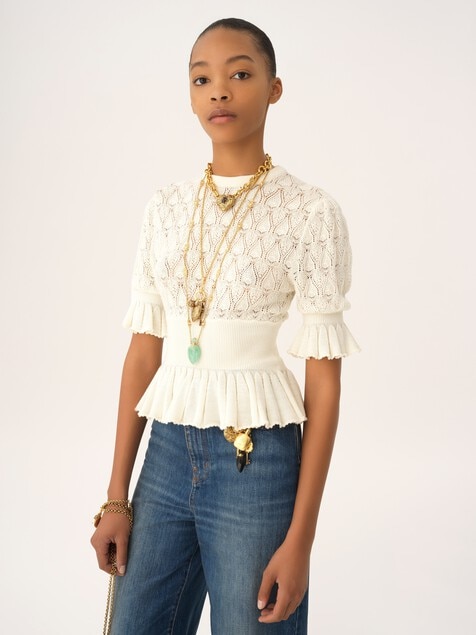 Short-sleeve ruffled sweater in a wool-mix knit