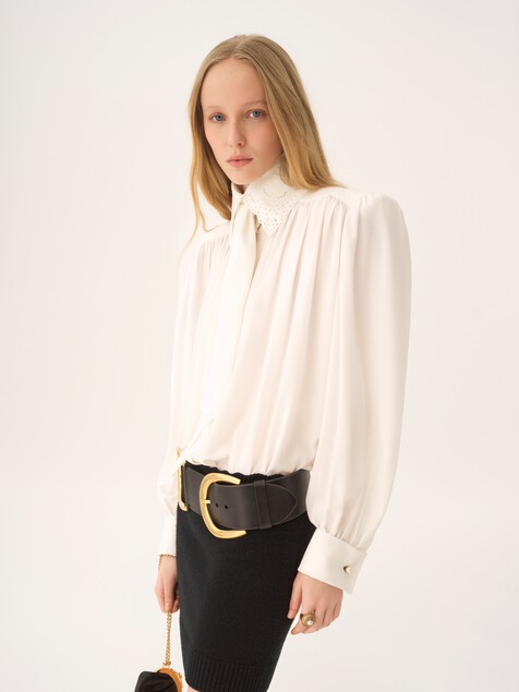 Gathered scarf-tie blouse in cr&ecirc;pe de chine & lace