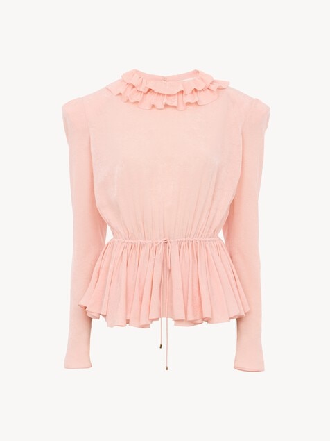 Drawstring ruffle top in jacquard silk