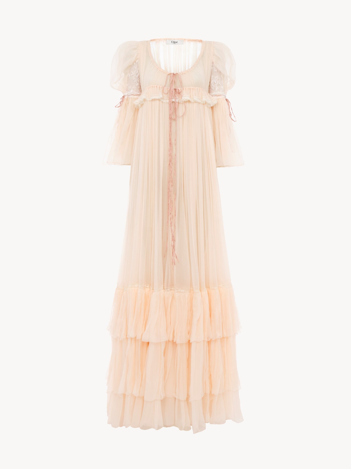 Oversized long ruffled dress in silk mousseline & lace - 2.0