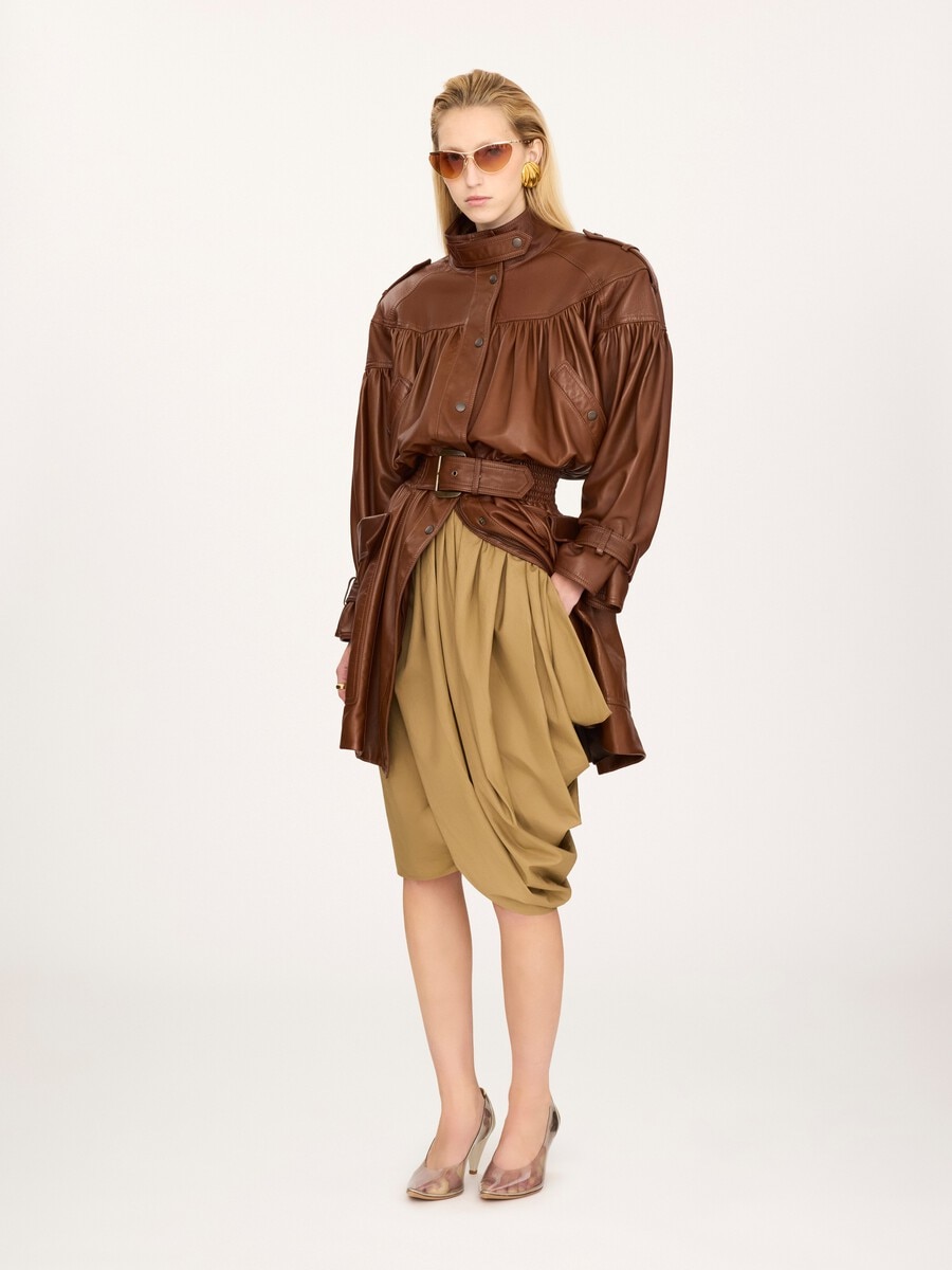 High-neck puff-sleeve coat in leather - 8