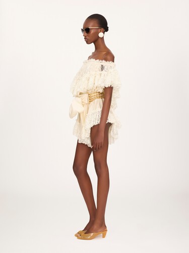 Off-the-shoulder mini jumpsuit in washed silk satin & lace - 6