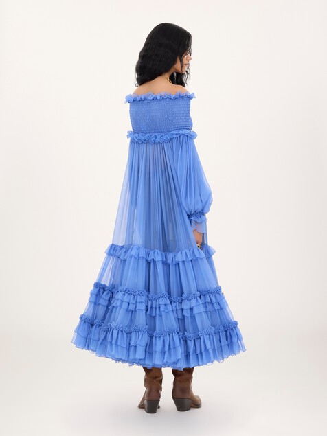 Off-the-shoulder long dress in silk mousseline