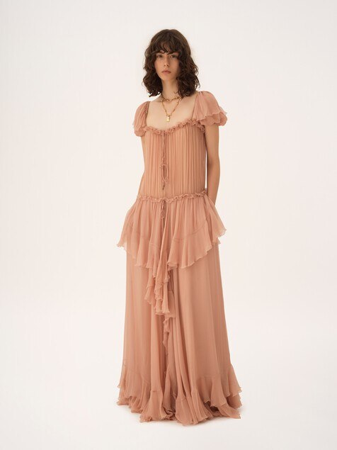 Gathered long ruffled dress in silk mousseline