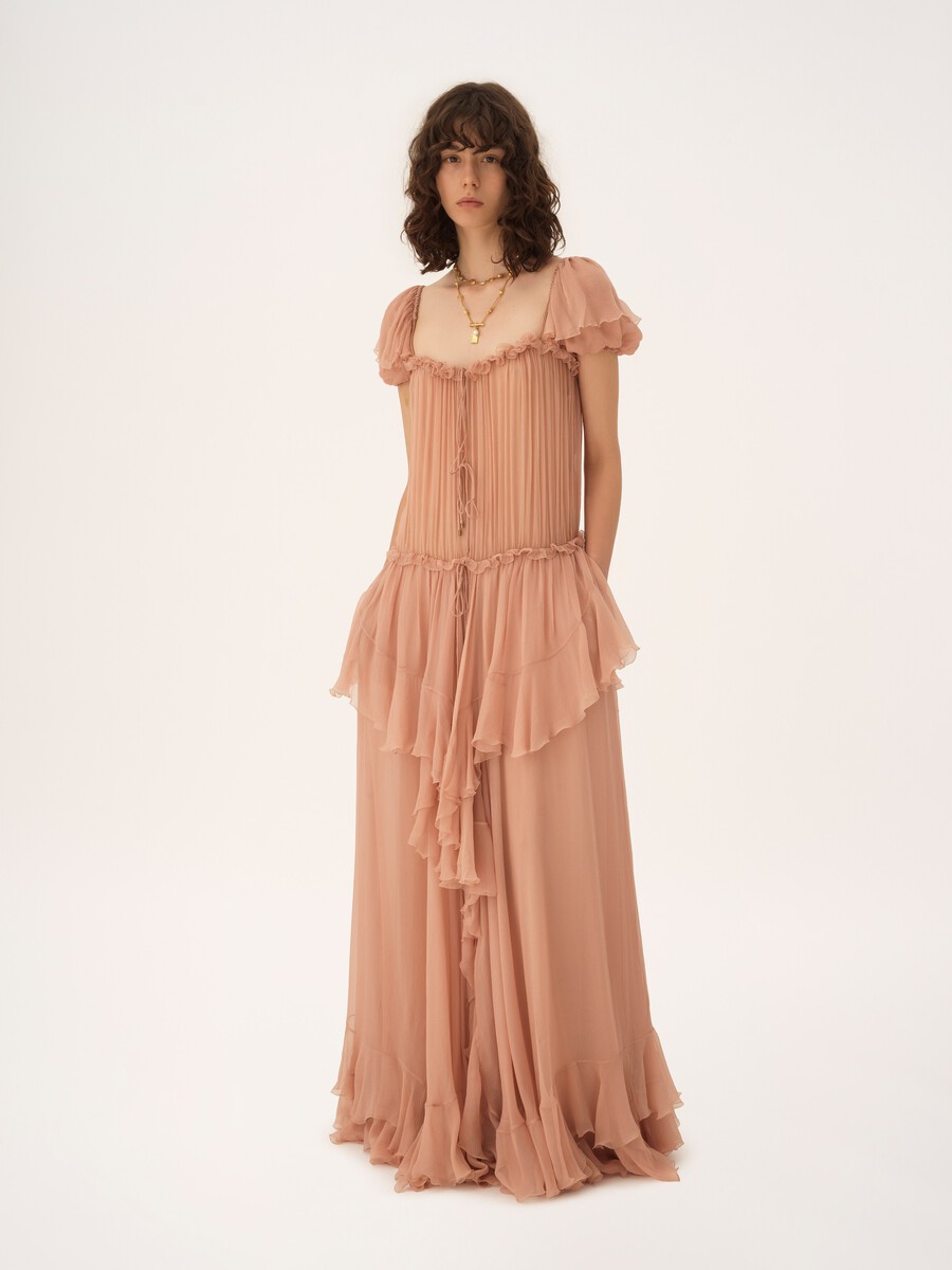 Gathered long ruffled dress in silk mousseline - 3