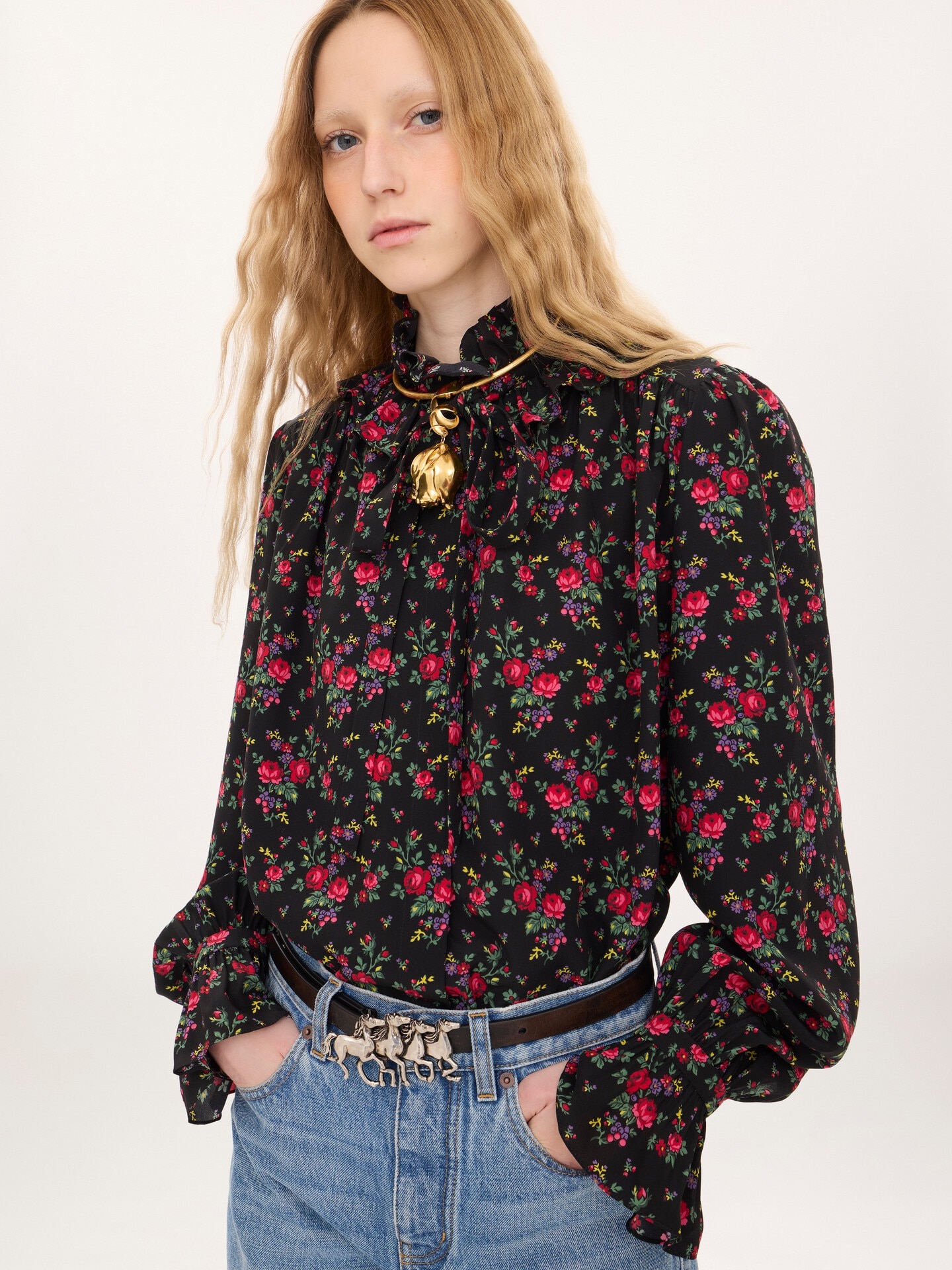 Tie-front ruffled blouse in cr&ecirc;pe de chine - 3.0