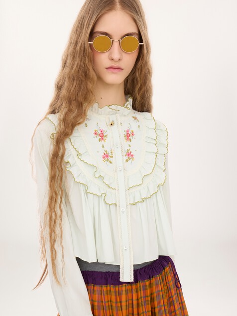 Blouse courte &agrave; volants en popeline de soie et coton