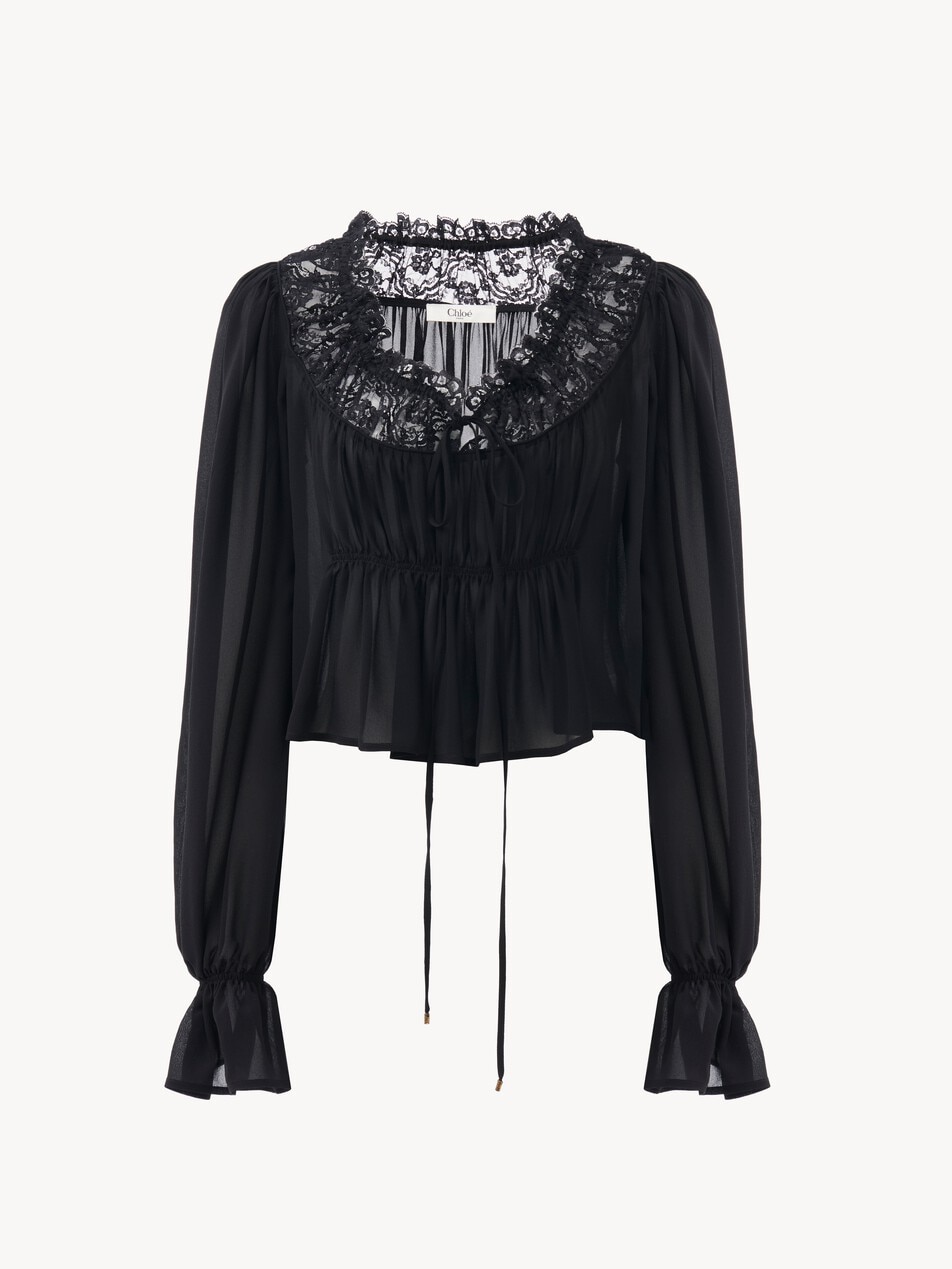 Scoop-neck cropped top in silk georgette & lace - Packshot