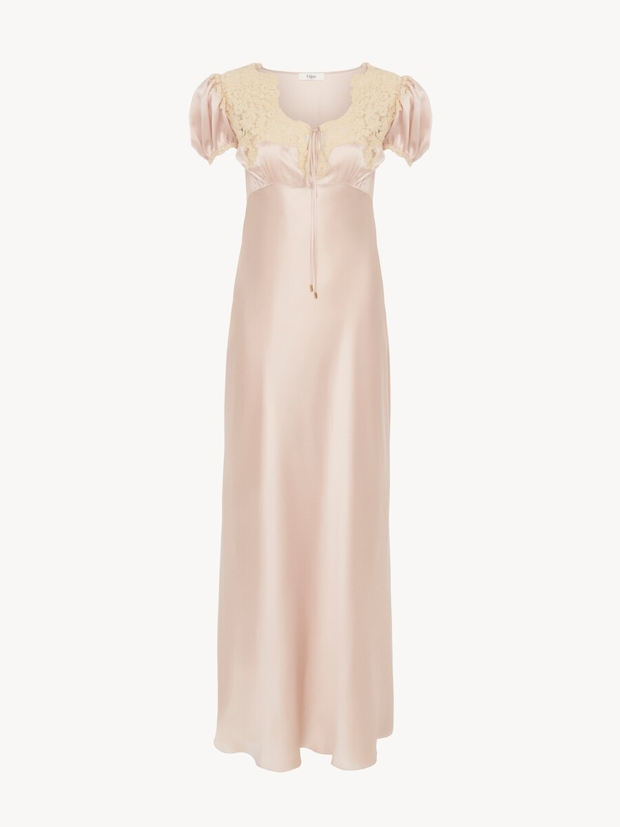 Puff-sleeve column dress in washed silk satin & lace - 2