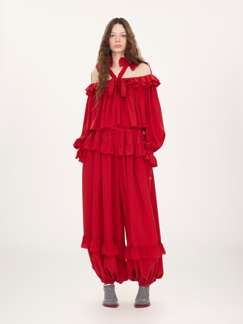 Cut-out ruffle top in silk jacquard