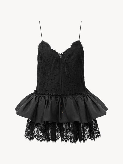 Thin-strap ruffle top in technical taffeta & lace