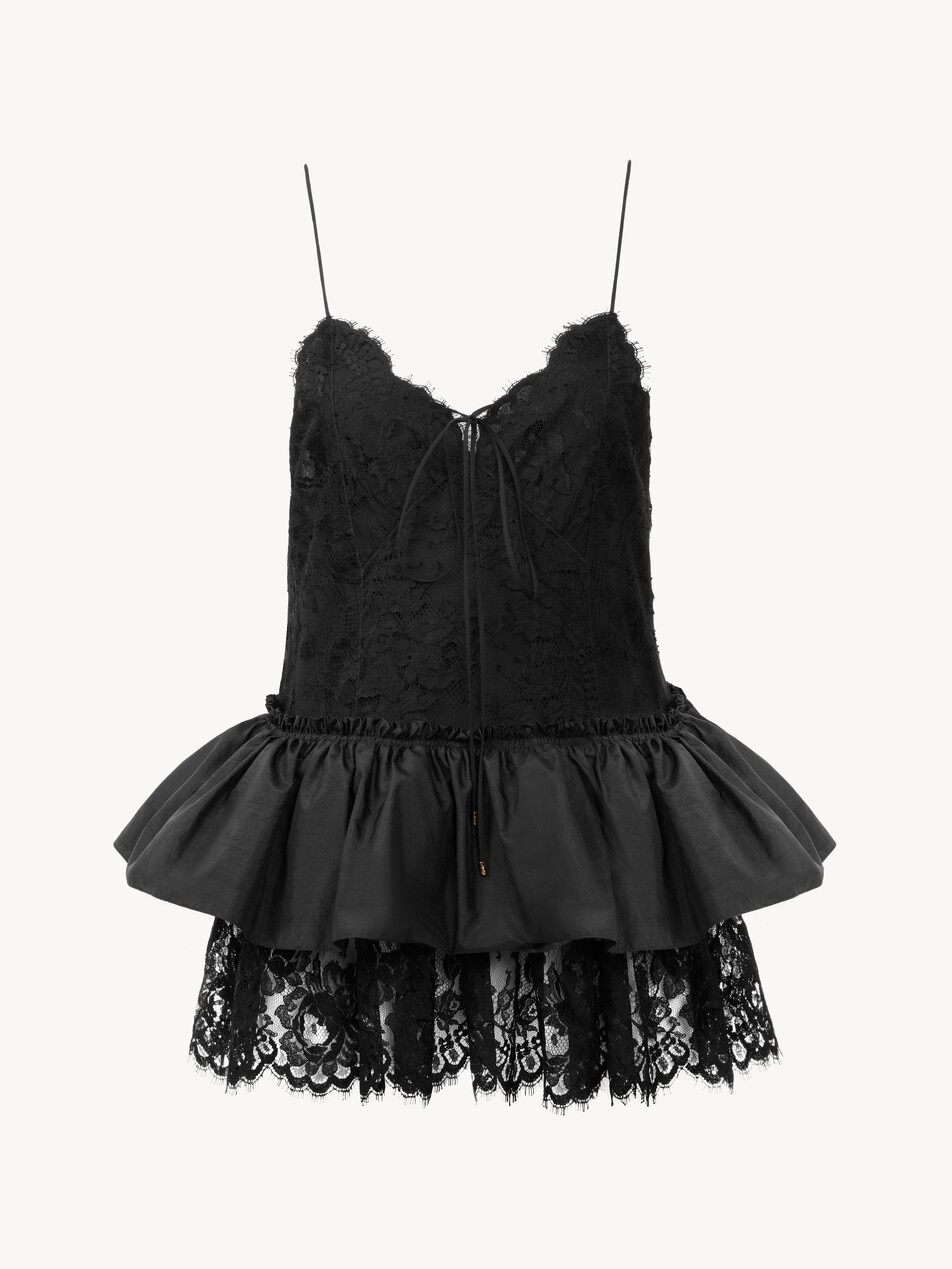 Thin-strap ruffle top in technical taffeta & lace