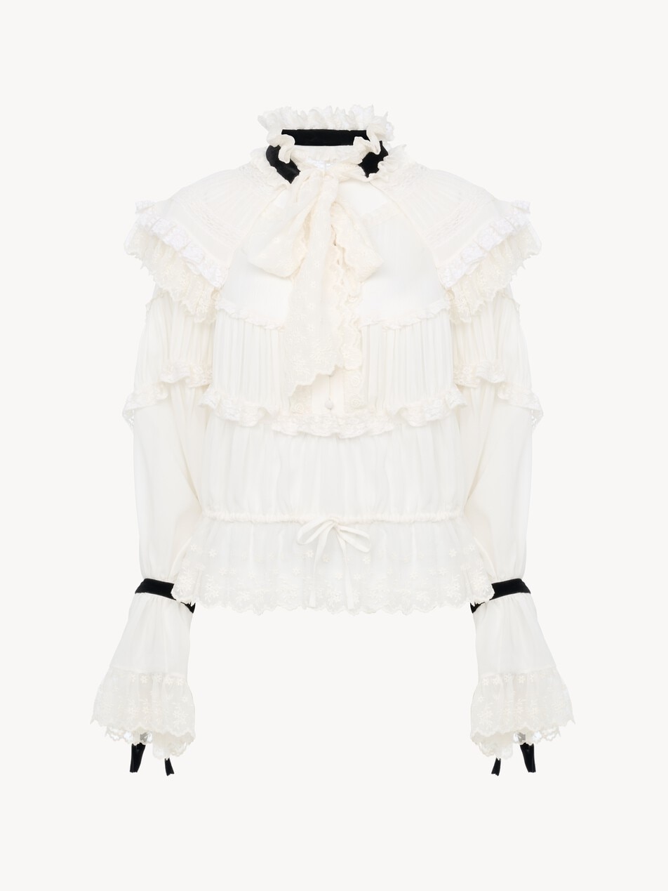 Tie-front ruffle top in silk mousseline & lace