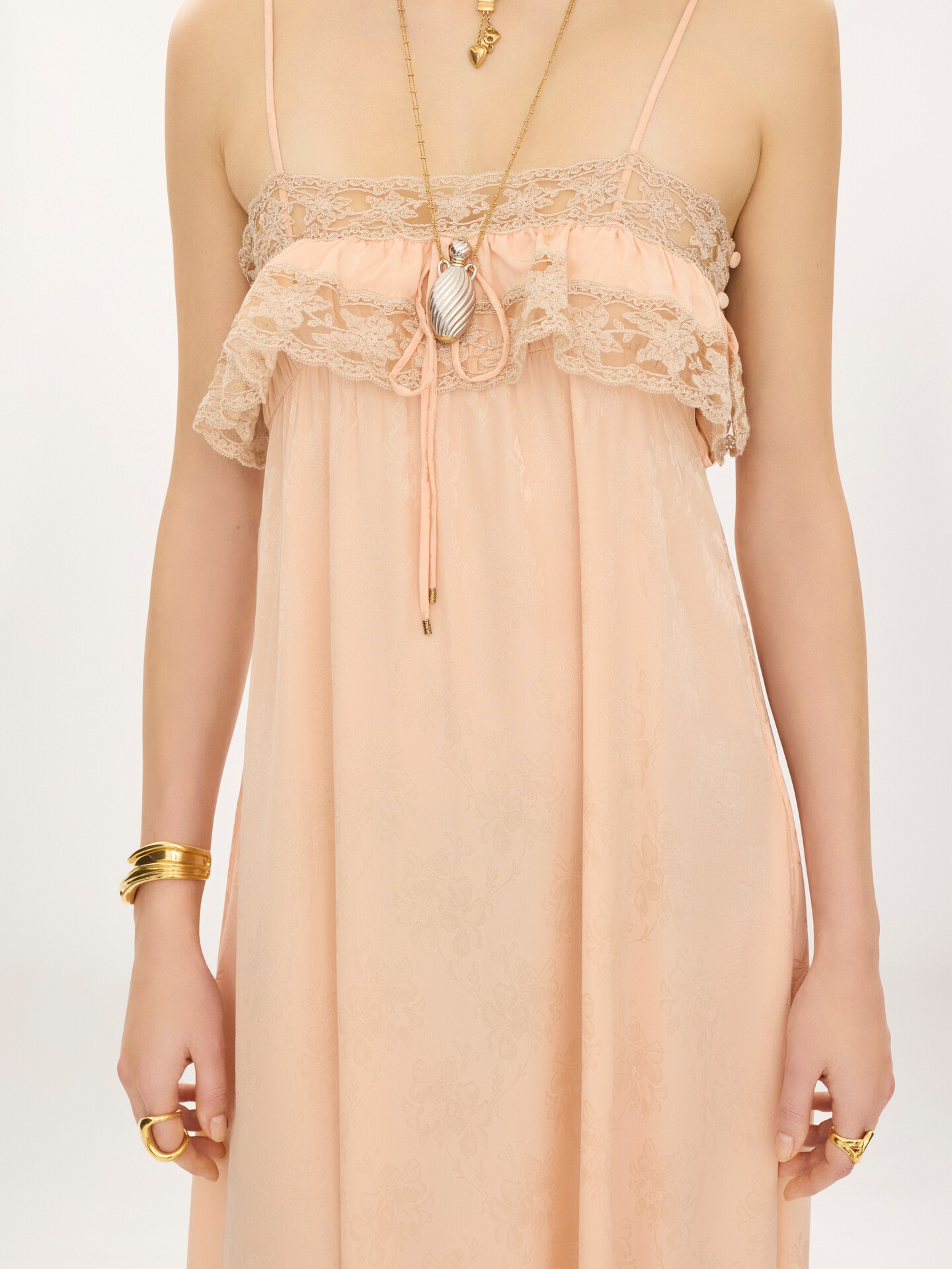 Thin-strap long dress in silk jacquard & lace - 3.0