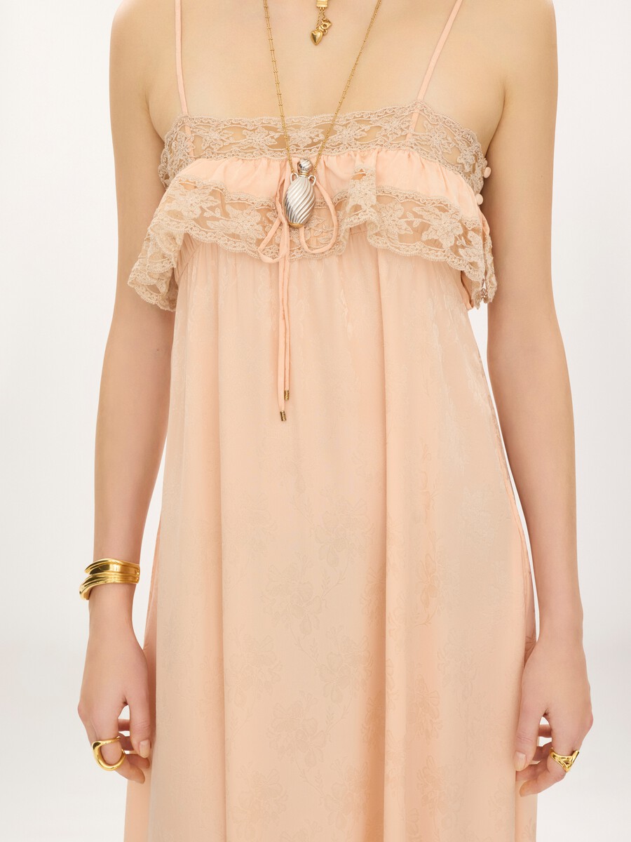 Thin-strap long dress in silk jacquard & lace - 3