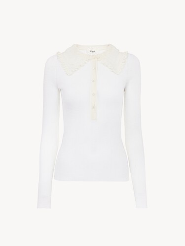 Collared Henley shirt in superfine wool knit & lace - 2