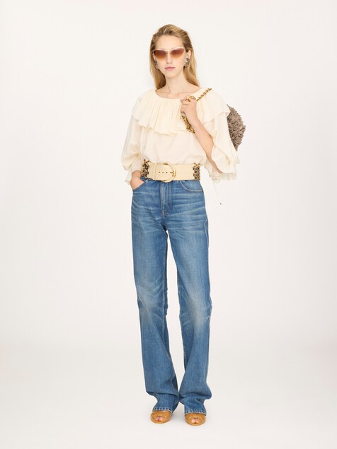 Fluid ruffle top in silk jacquard