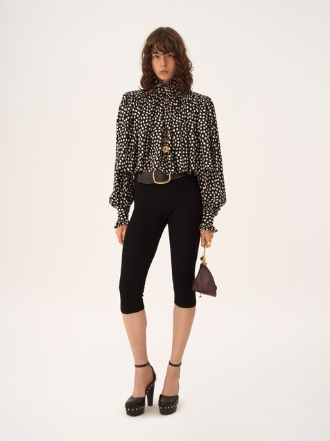 Maxi gathered high-neck top in silk jacquard