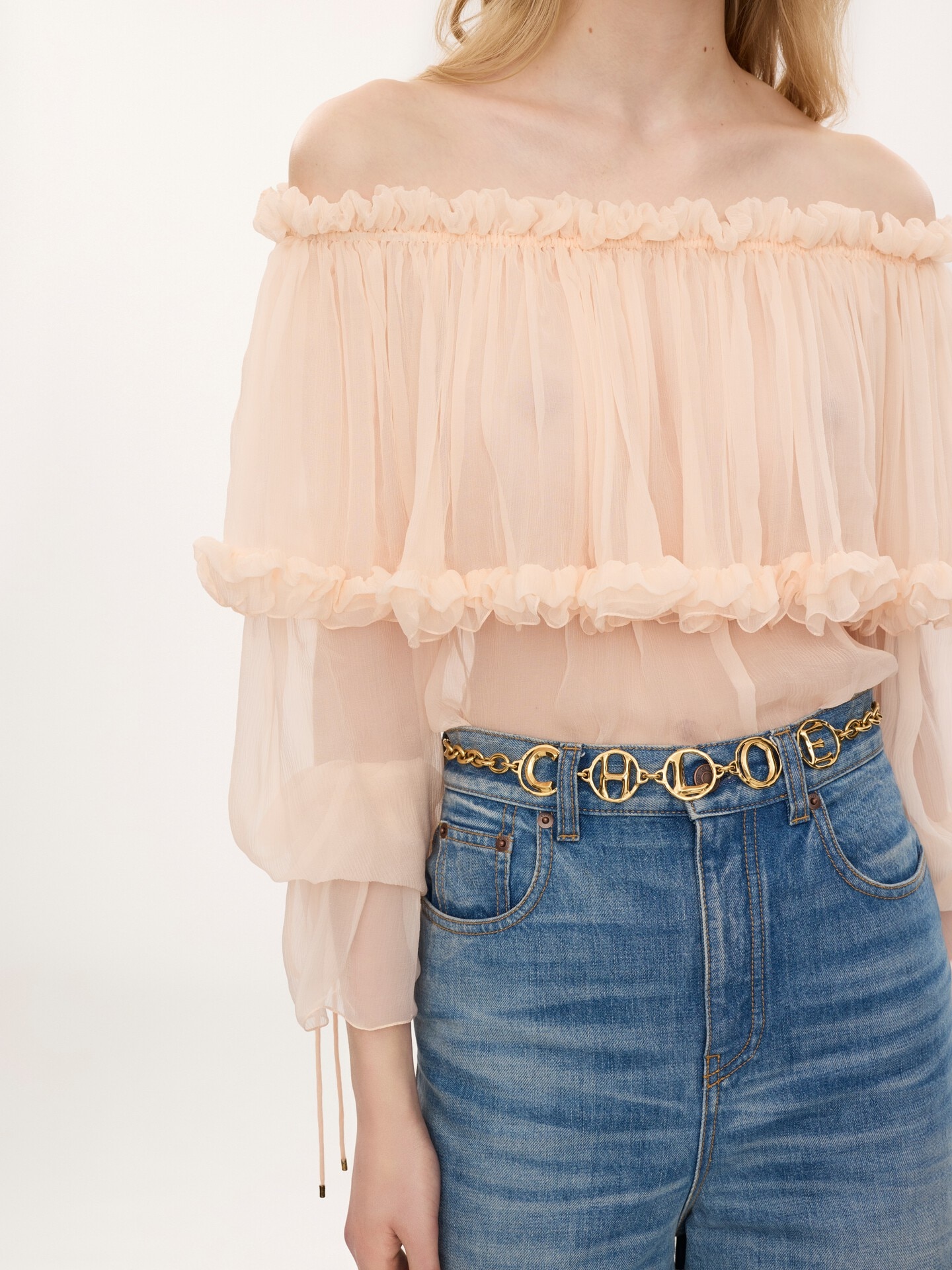Top fluide encolure bardot &agrave; manches bouffante en mousseline de soie - 5.0